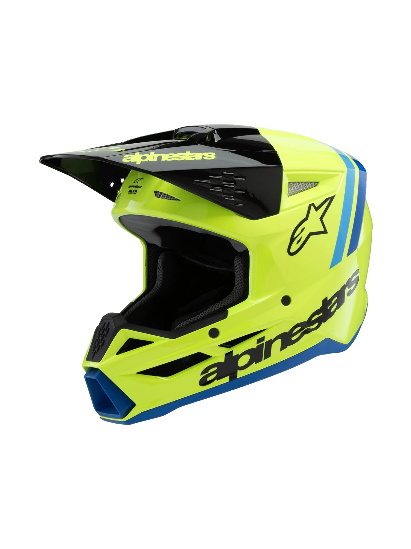 Alpinestars 2026 SM3 Radium Youth Motocross Helmet Yellow Fluo Black Blue Gloss